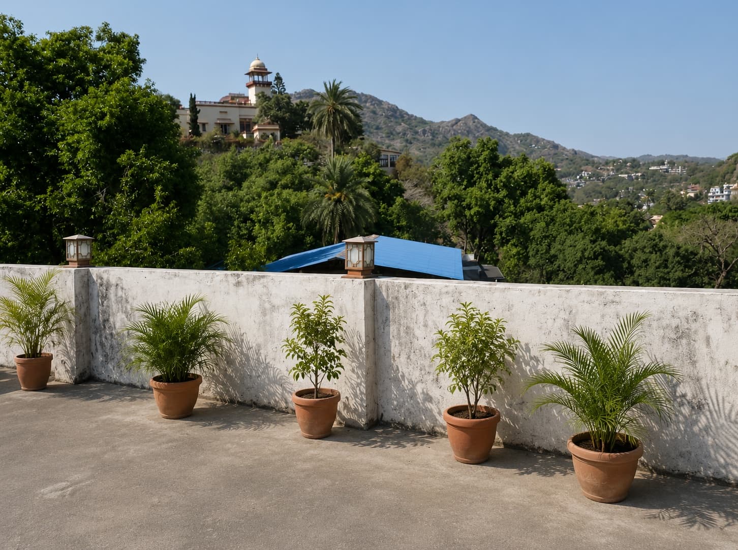 View across Mount Abu towards a hilltop building