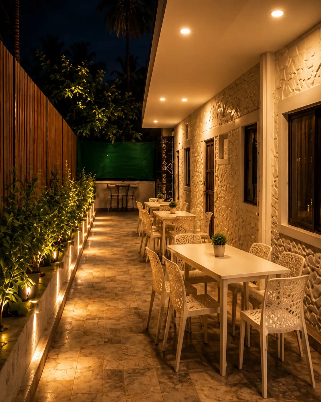 Outdoor dining terrace with garden lights at The Plum